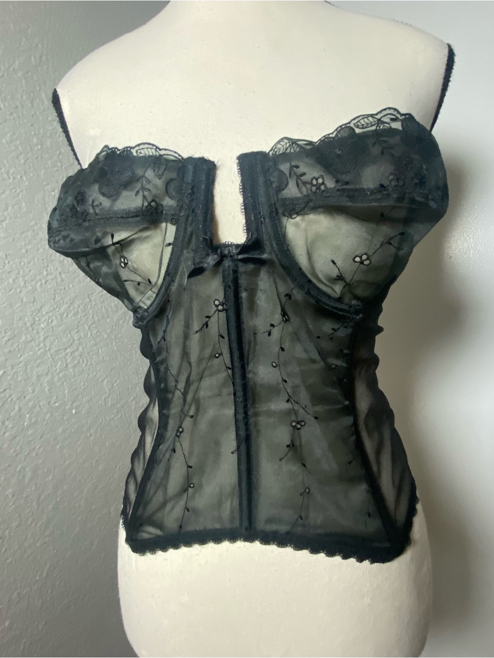 Vintage Lady Marlene Sheer Black Floral Eyelet Organza Corset Size 34D